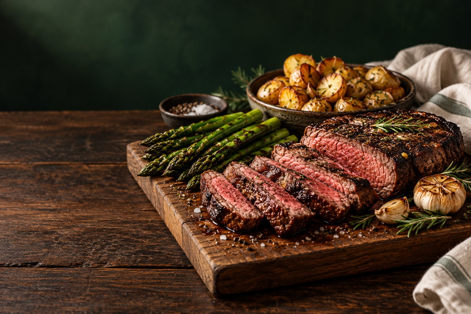 Illustrative cooked steak dinner with potatoes and asparagus